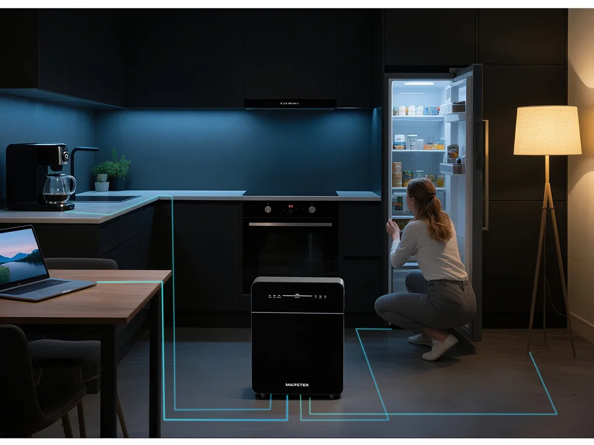 Venus E levert backup-stroom in de keuken in de avond