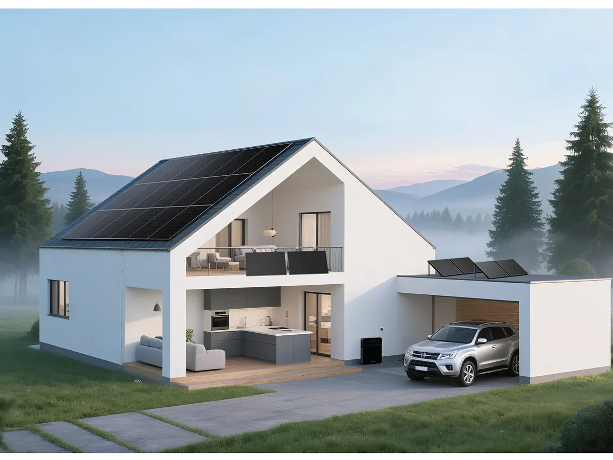 Venus E bij een woning met zonnepanelen en EV in de schemer