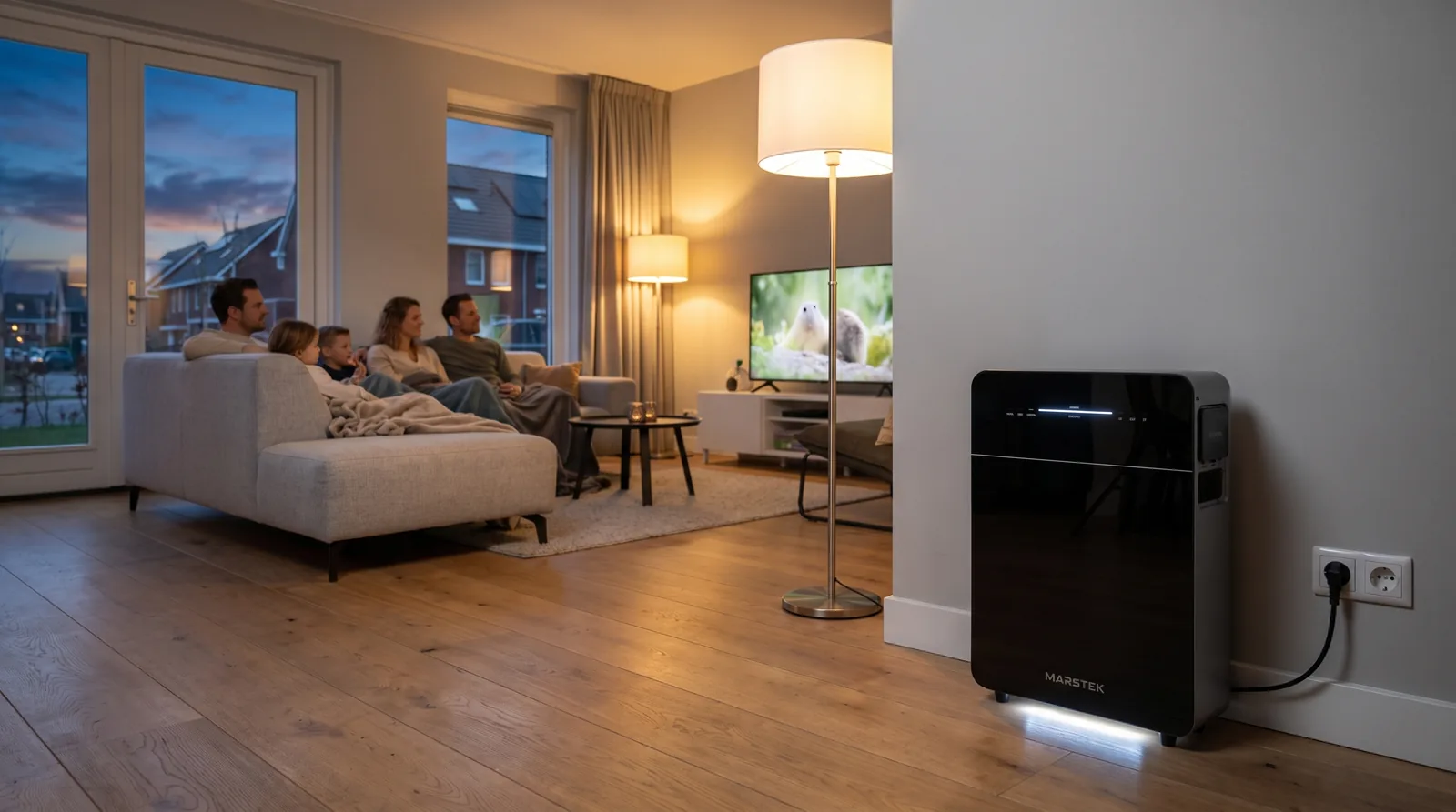 Gezin op de bank in de avond met de Marstek Venus E 3.0 thuisbatterij in de woonkamer