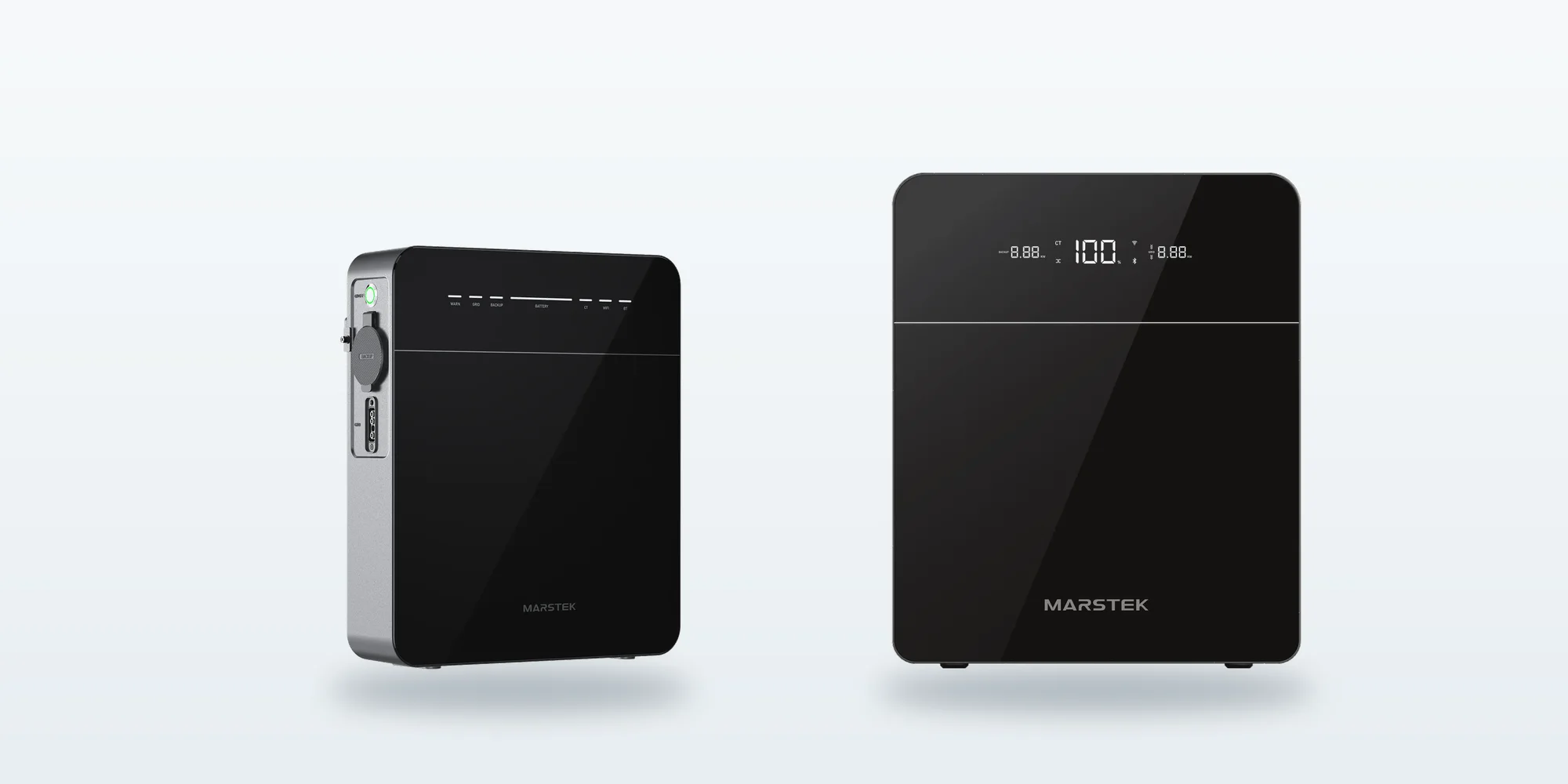 Marstek Venus E Mini naast de Venus E, officiele productfoto's op schaal