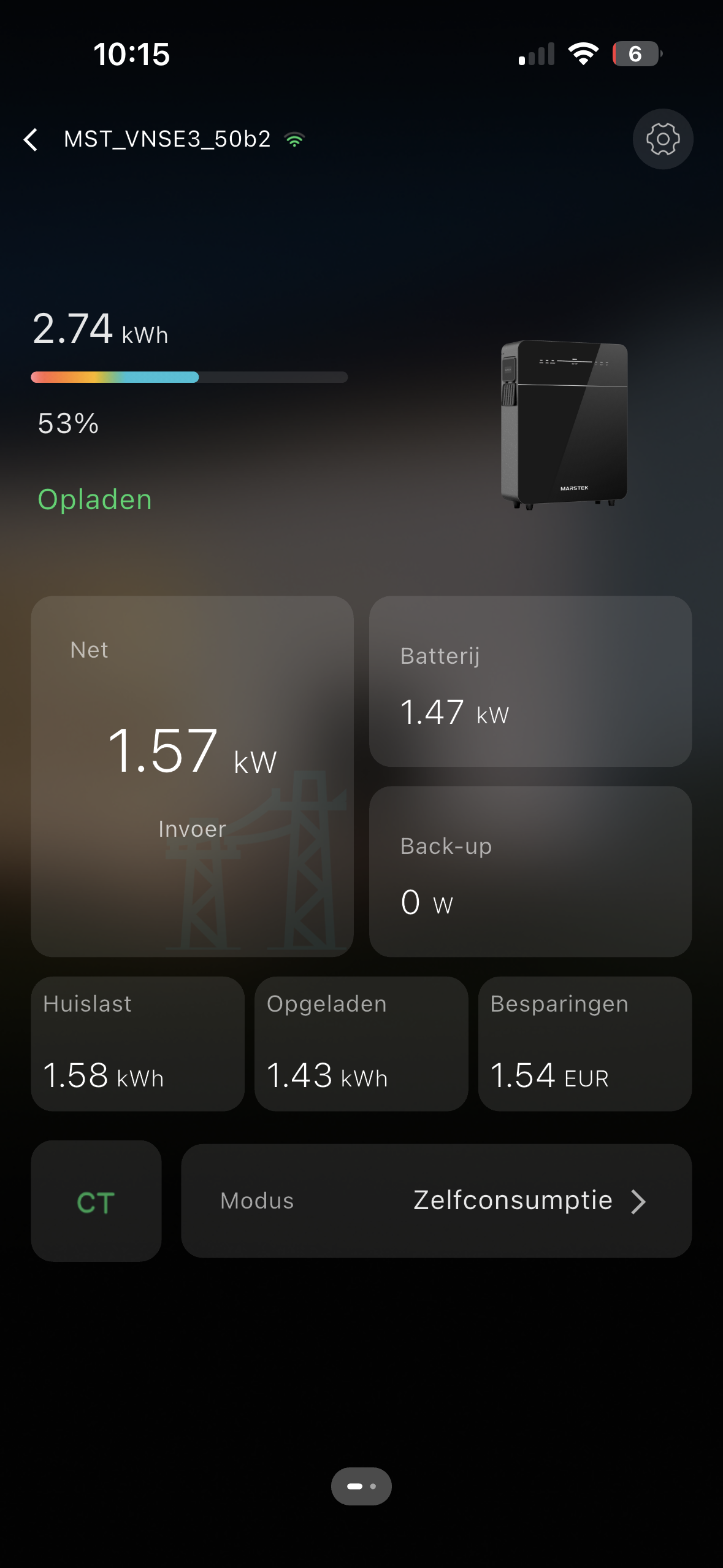 Marstek-app: batterijscherm met laadstatus en modus