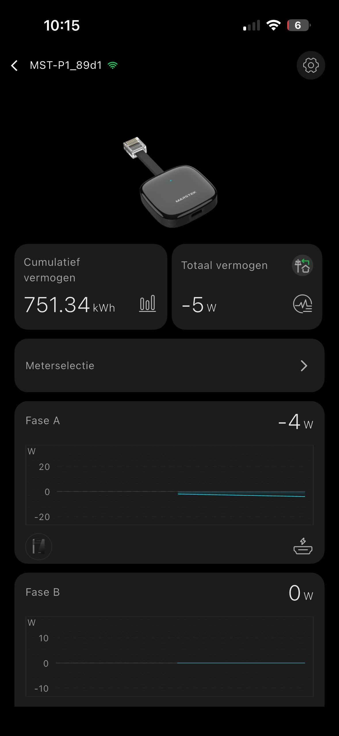 Marstek-app: P1-meter met totaal vermogen en fases