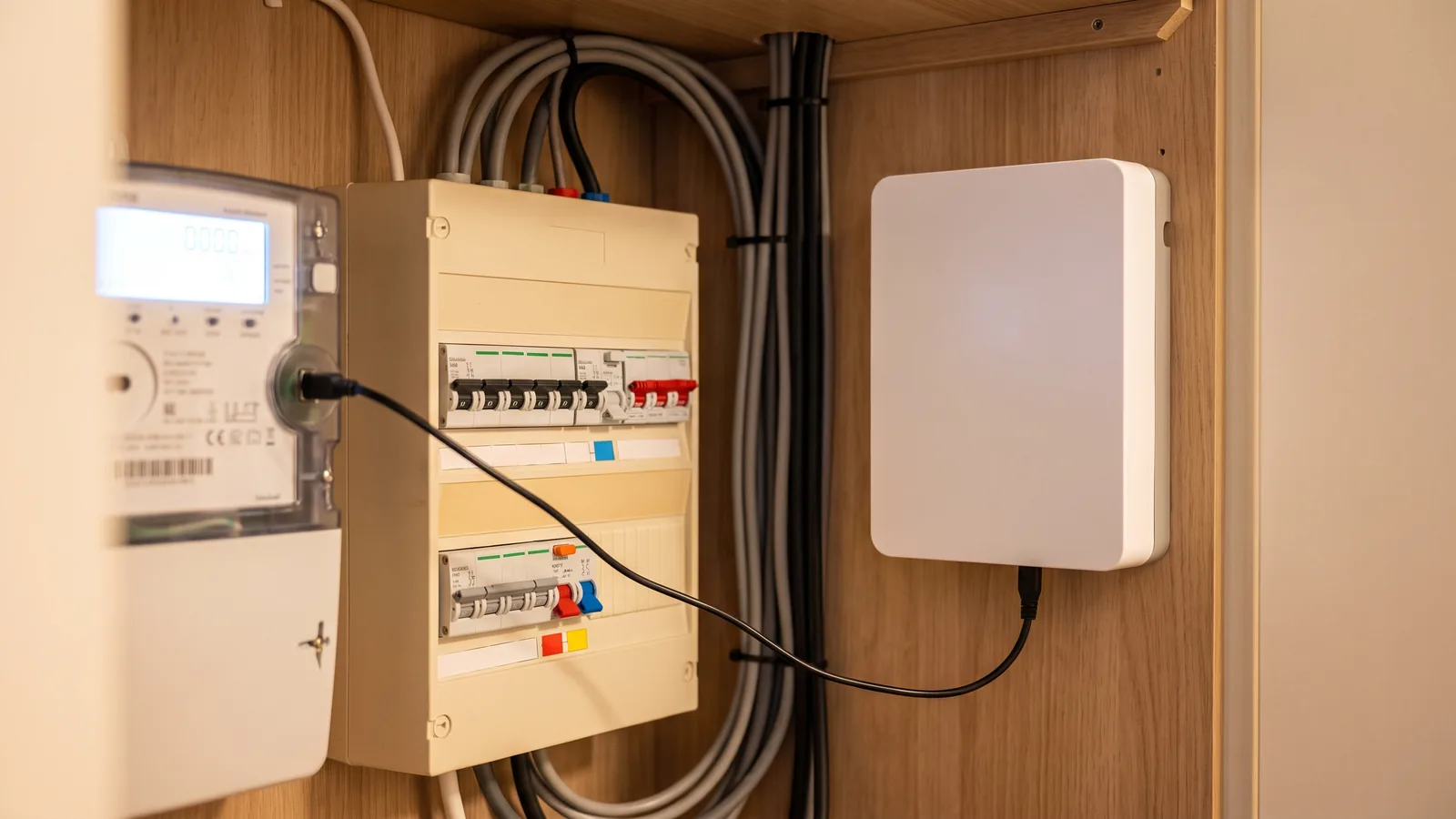 Meterkast met slimme meter, groepenkast en een compacte thuisbatterij met kabel naar de P1-poort
