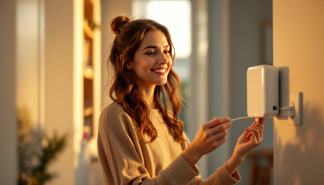 Plug-in thuisbatterij in moderne woonkamer, zelf aan te sluiten op een stopcontact zonder installateur