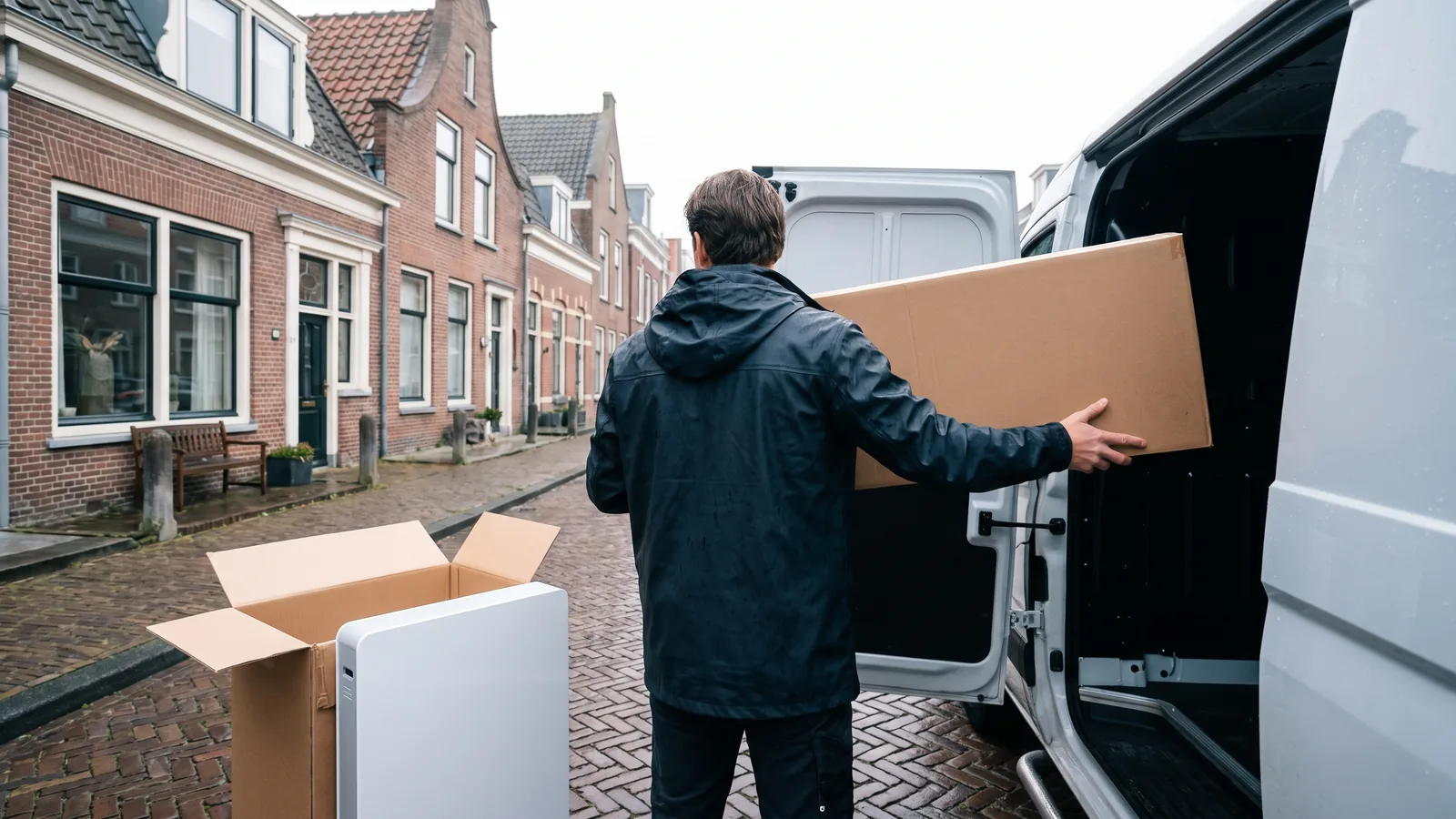Bezorger levert een doos met een thuisbatterij af bij een Nederlandse rijtjeswoning