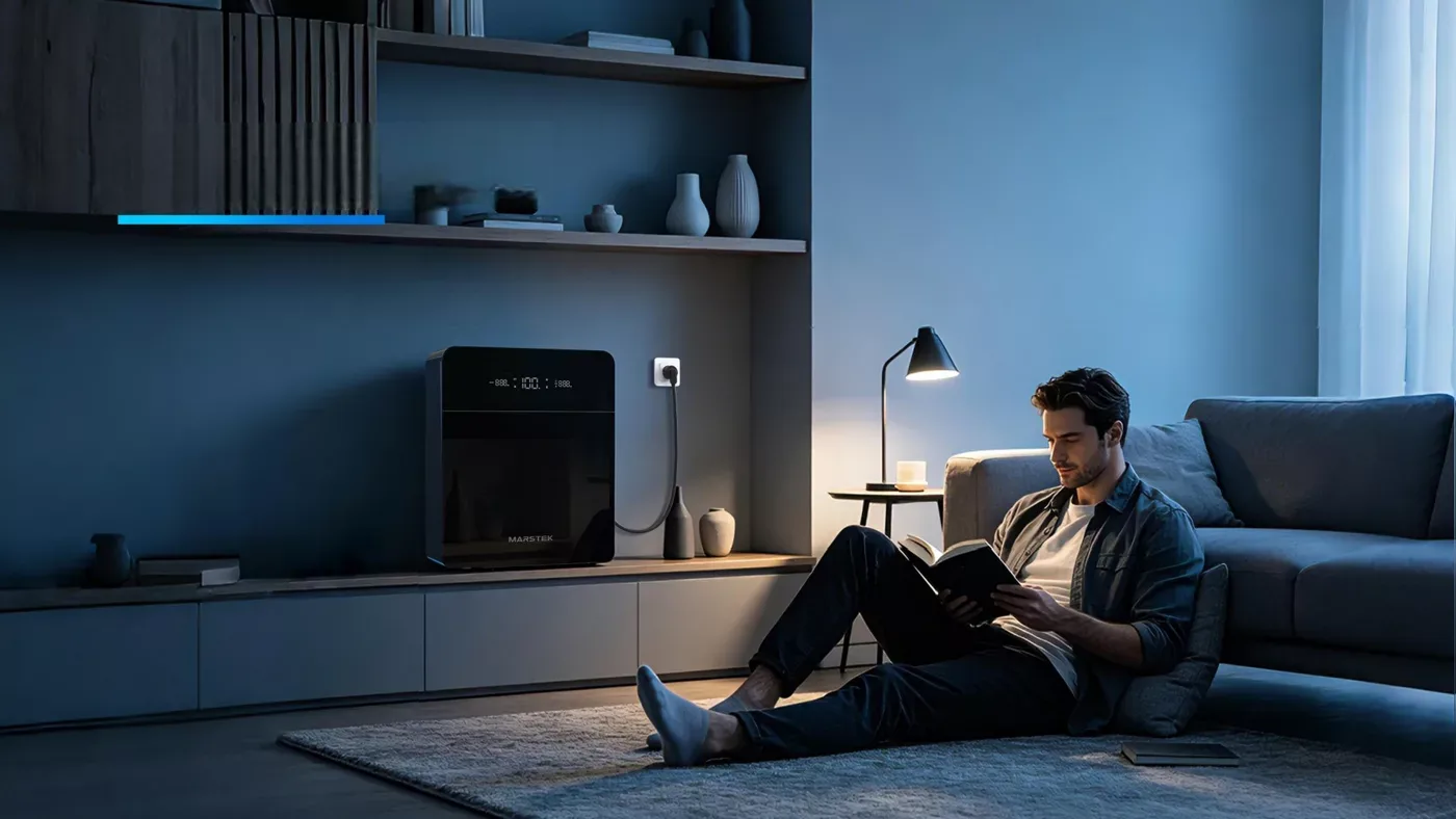 Marstek stekkerbatterij in de woonkamer, aangesloten op een gewoon stopcontact