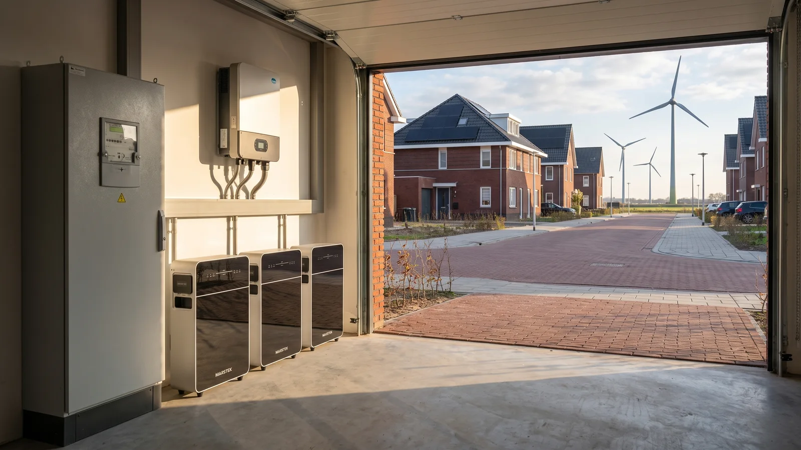 Witte thuisbatterij naast de meterkast in een nieuwbouwwoning, met uitzicht op het Flevolandse polderlandschap