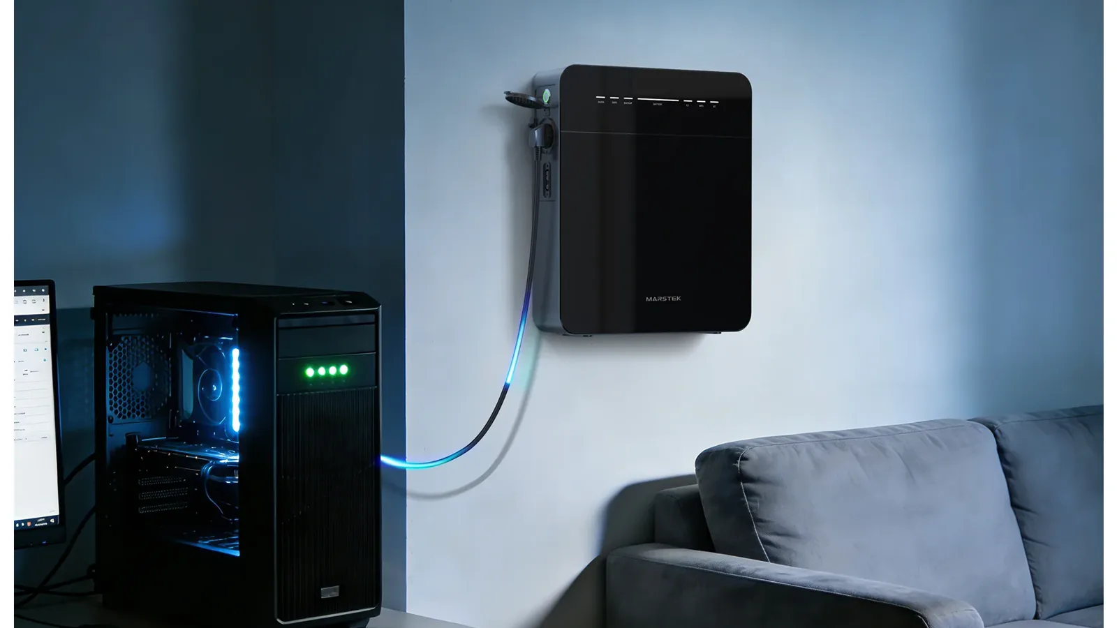 Marstek Venus E thuisbatterij 5,12 kWh in de woonkamer, klaar om de avondpiek goedkoop te overbruggen