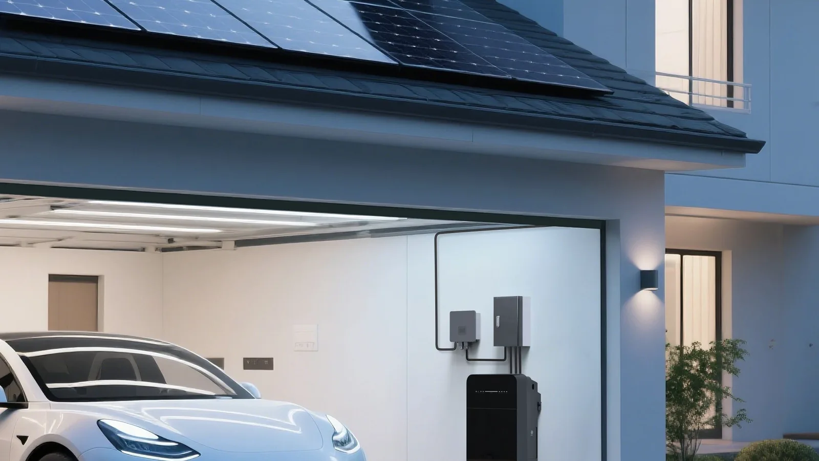 Elektrische auto aan de laadpaal in een garage met zonnepanelen op het dak en een Marstek thuisbatterij aan de wand