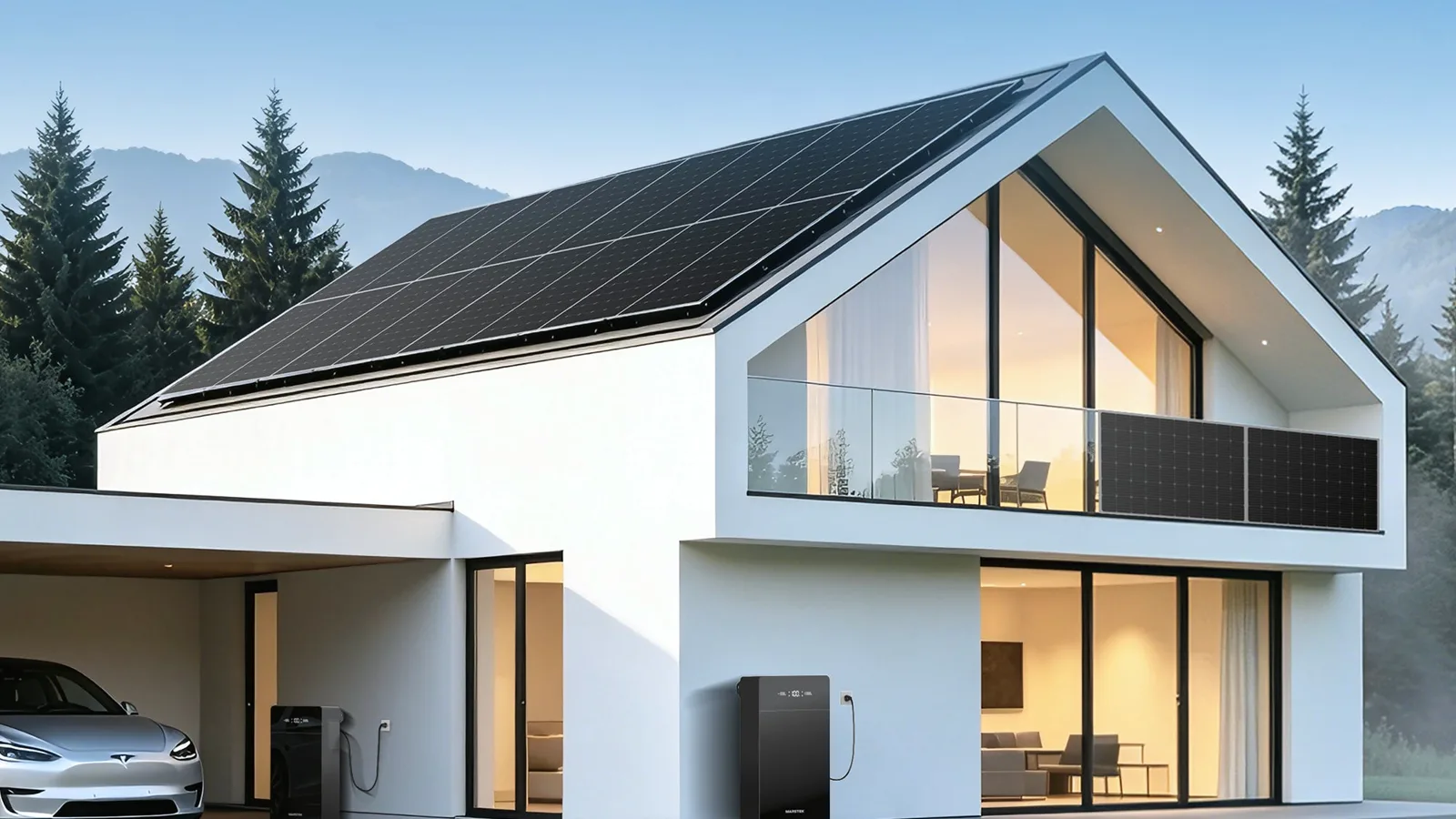 Marstek Venus E thuisbatterij aan de gevel van een moderne nieuwbouwwoning met zonnepanelen en laadpaal