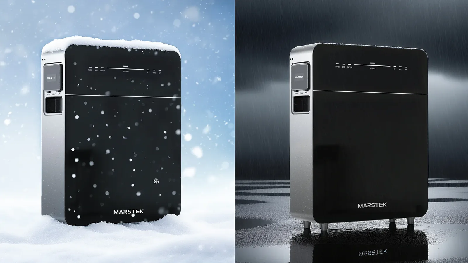 Marstek thuisbatterij in de winter, sneeuw en regen